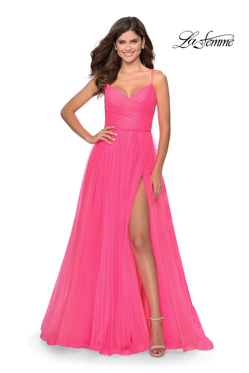 Picture of: Long Tulle Pleated Bodice Prom Gown with Pockets in Neon Pink, Style: 28123, Detail Picture 5