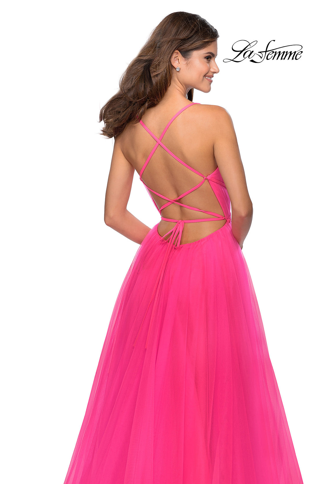 Picture of: Long Tulle Prom Dress with Criss Cross Bodice Detail in Neon Pink, Style: 28893, Detail Picture 5