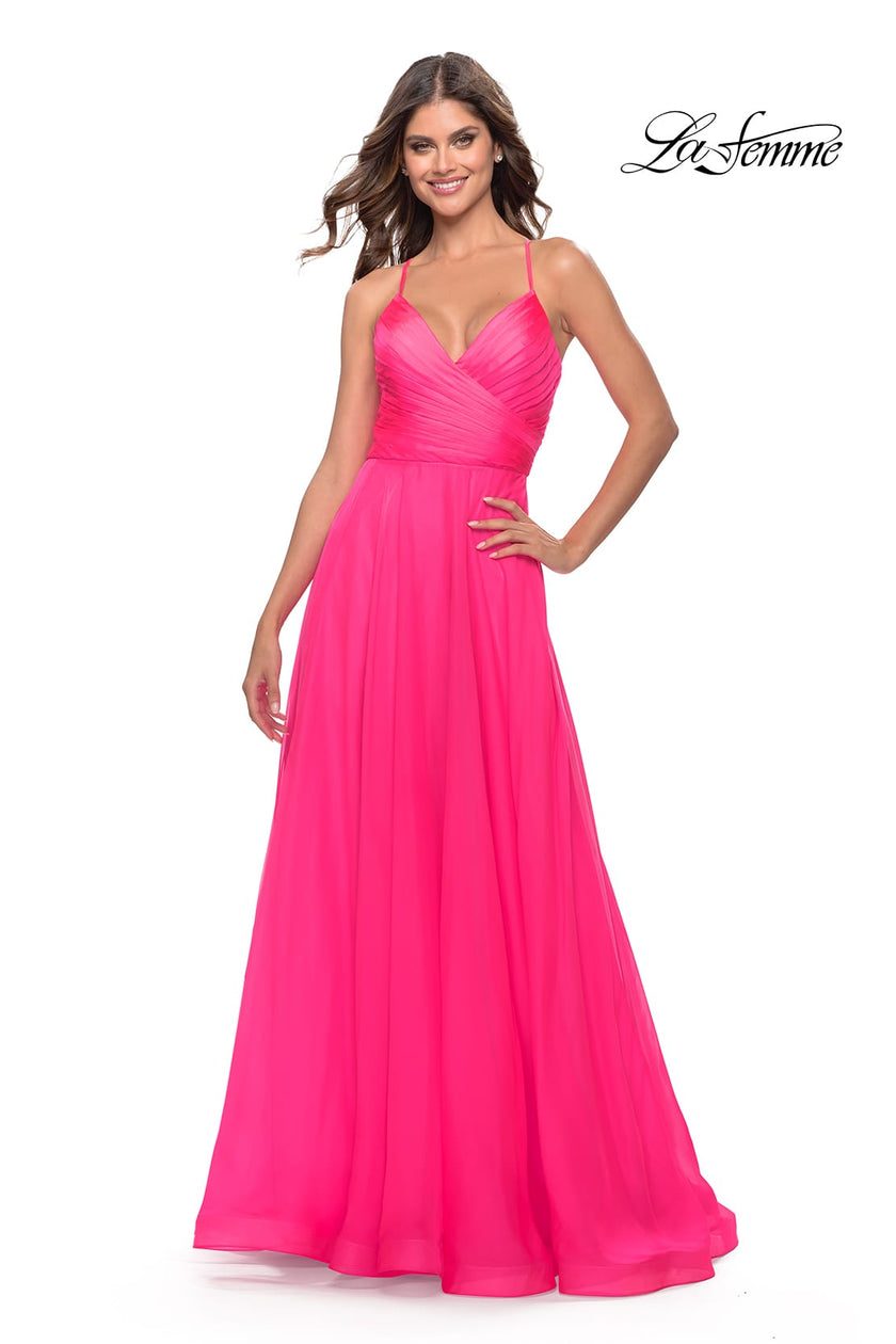 Picture of: Chiffon Prom Dress with Ruched Bodice and Slit in Neon Pink, Style: 30840, Detail Picture 5