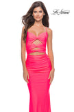 Picture of: Twist Front Cut Out Jersey Prom Dress in Bright Colors in Neon Pink, Style: 31435, Detail Picture 5