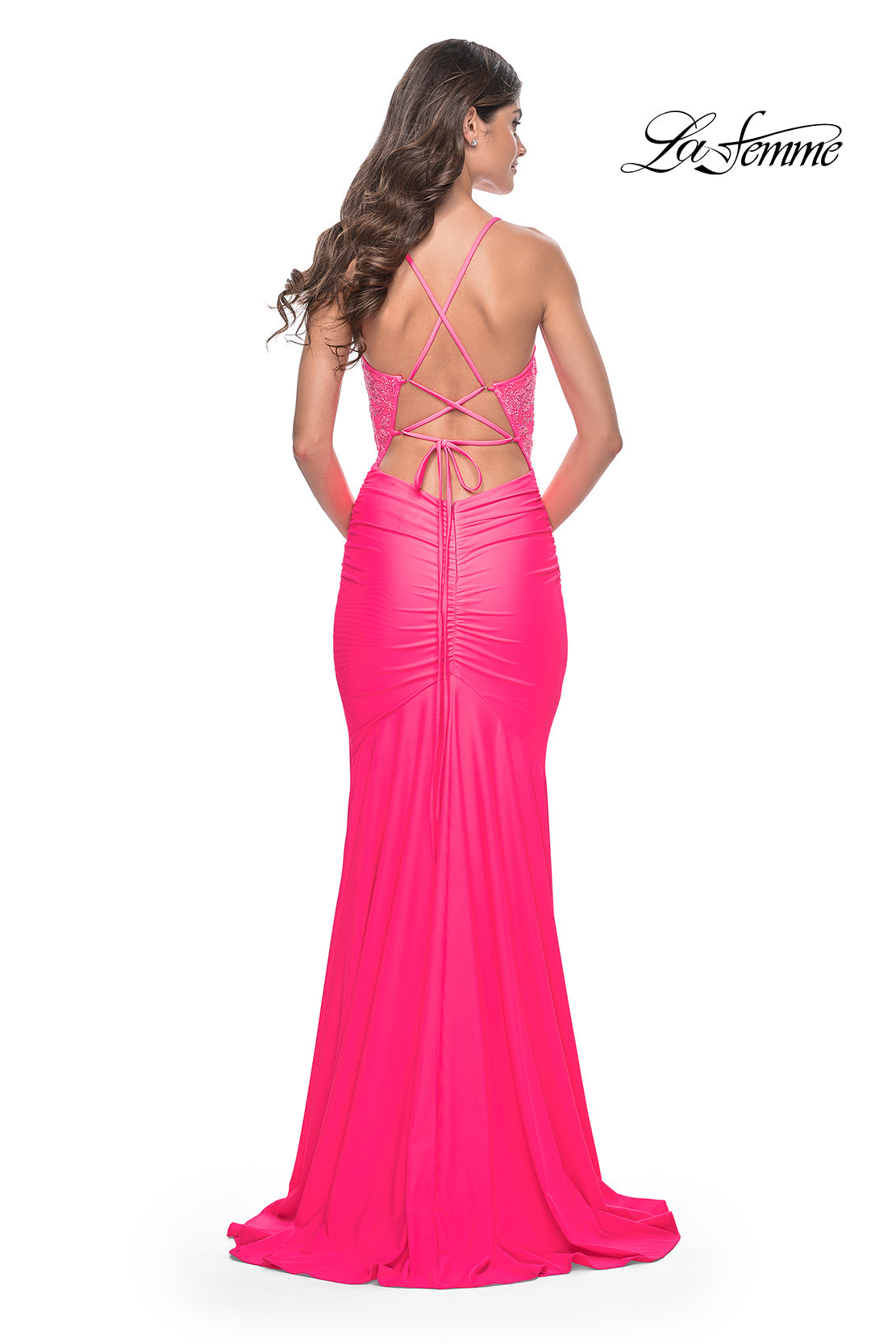 Picture of: Fitted Jersey Prom Dress with Rhinestone Beaded Illusion Bodice in Neon Pink, Style: 32054, Detail Picture 5