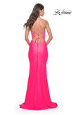 Picture of: Fitted Jersey Prom Dress with Rhinestone Beaded Illusion Bodice in Neon Pink, Style: 32054, Detail Picture 5