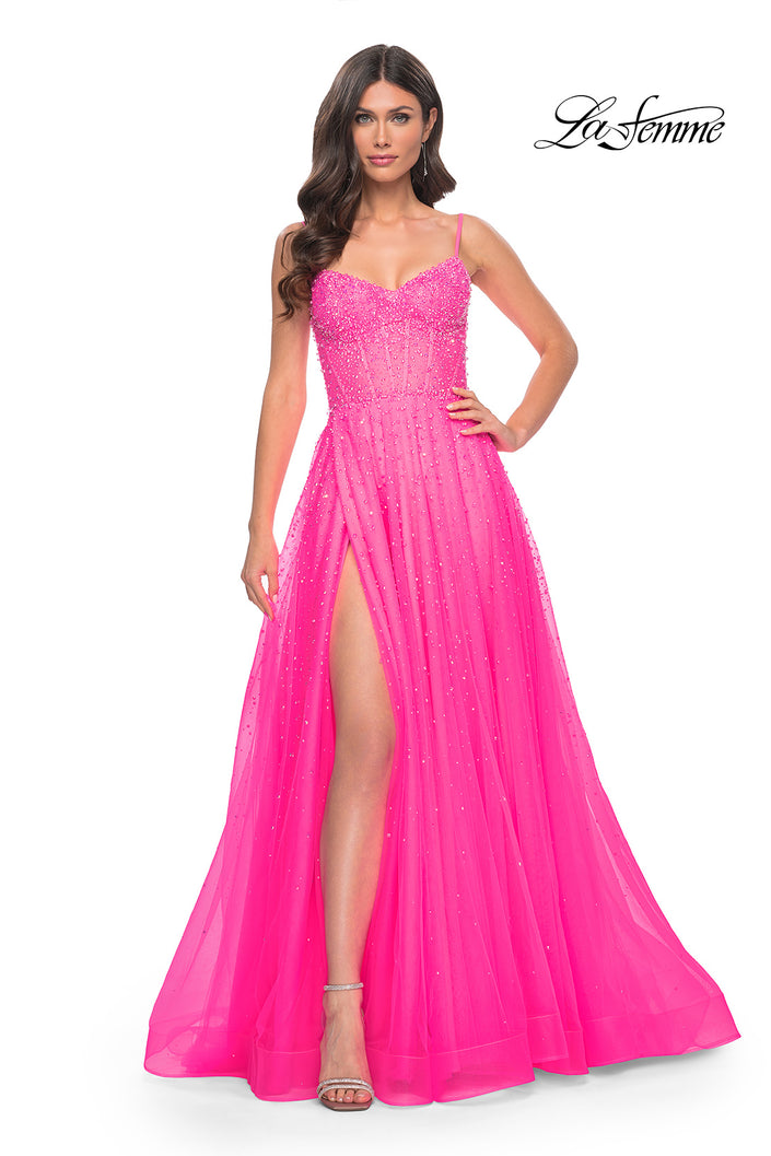 Picture of: Rhinestone A-Line Tulle Prom Dress with Illusion Bodice in Pink, Style: 32146, Detail Picture 5
