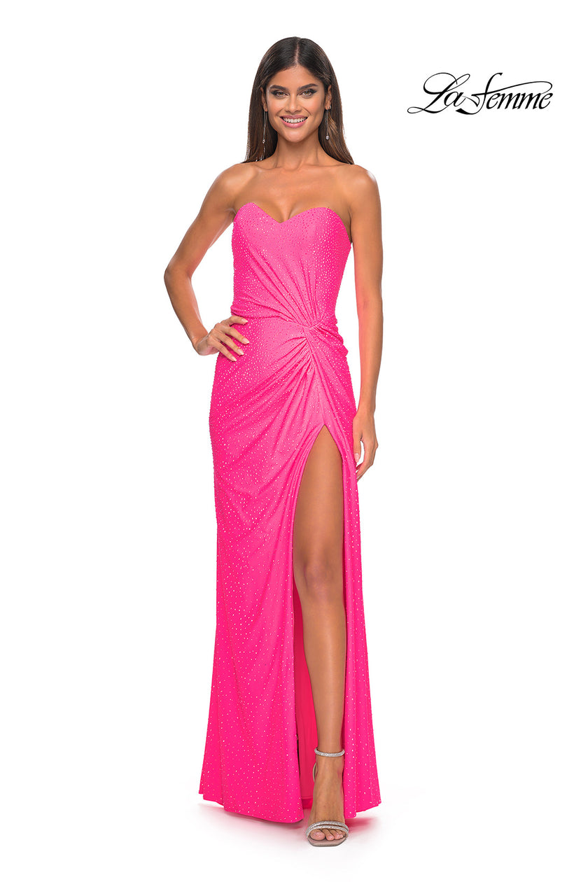 Picture of: Strapless Fitted Rhinestone Embellished Gown with Knot Detail in Neon Pink, Style: 32175, Detail Picture 5