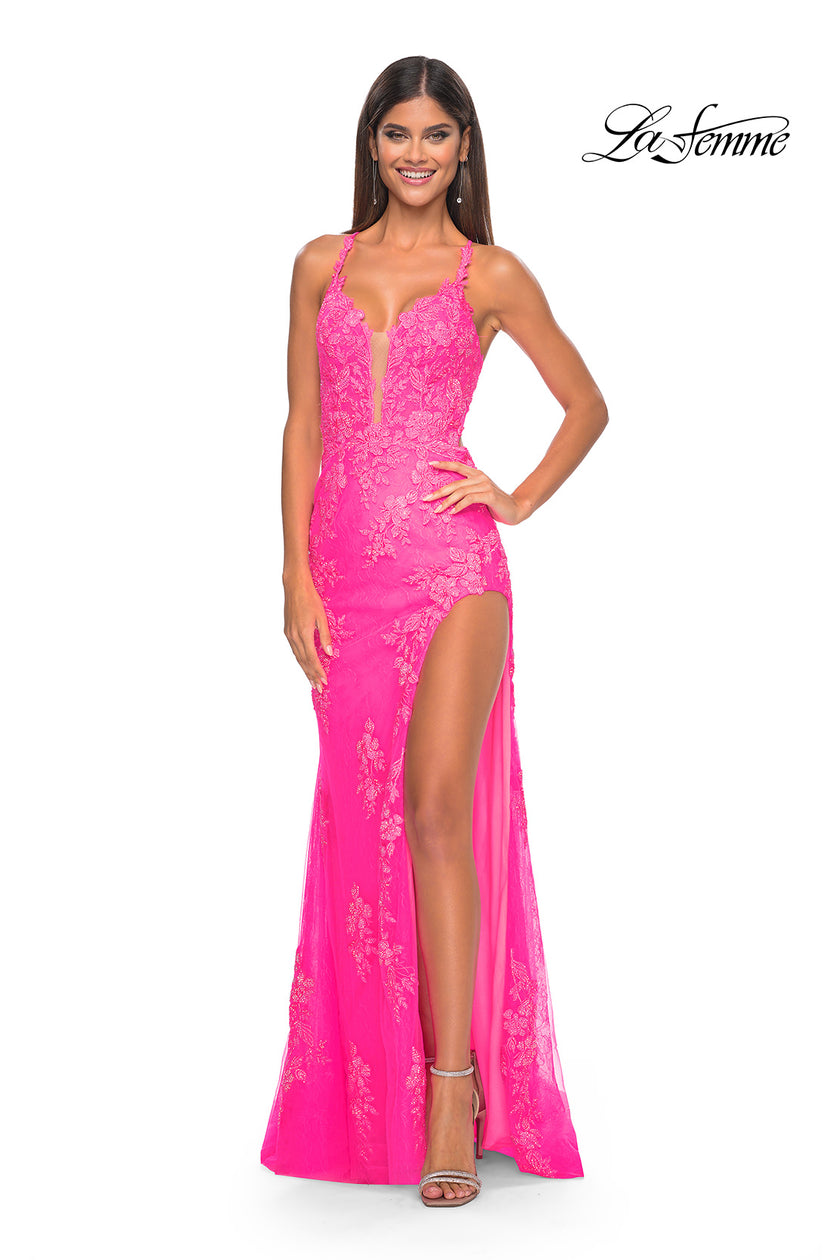 Picture of: Lace Fitted Dress with Deep V Neckline and Lace Applique in Neon Pink, Style: 32205, Detail Picture 5