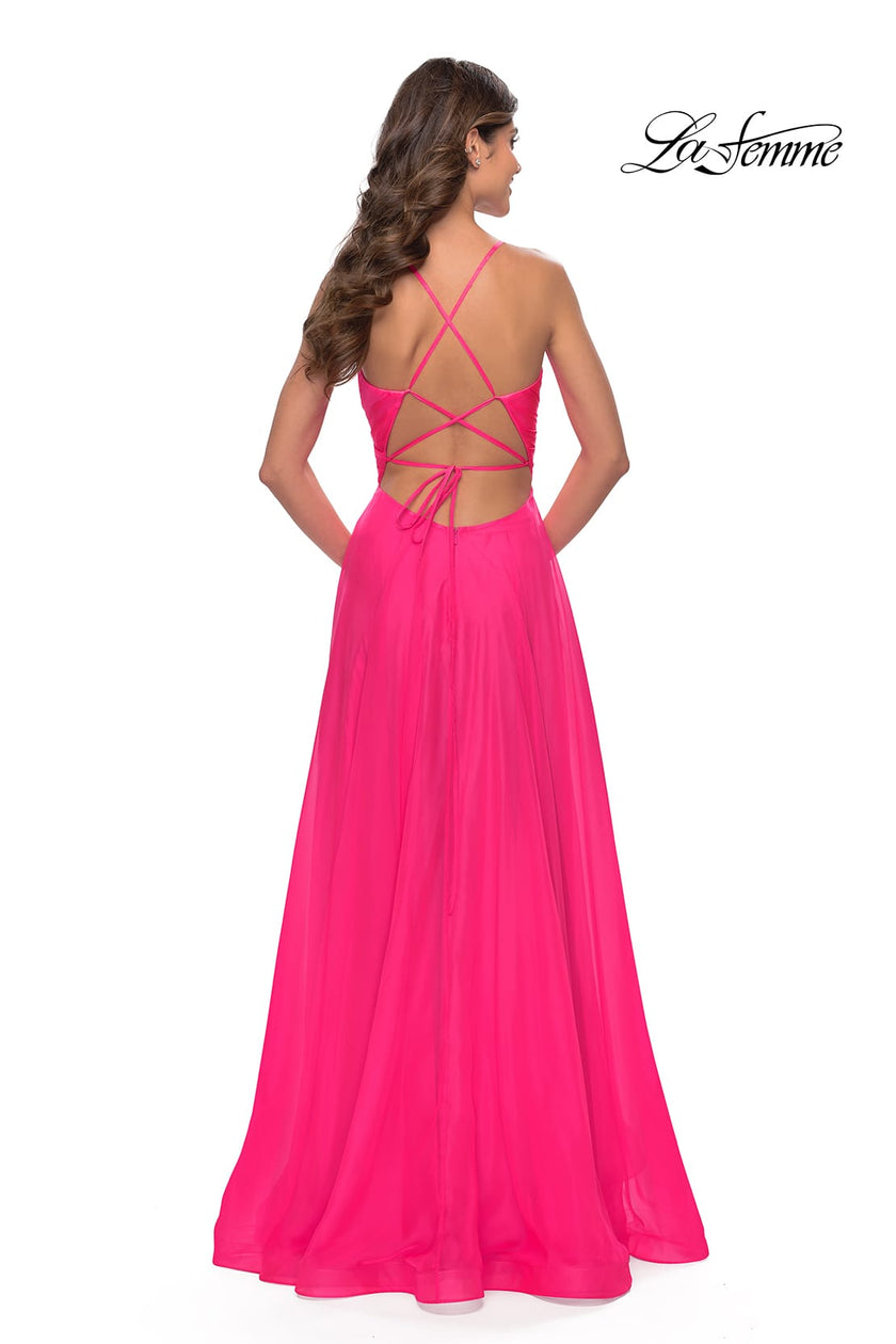 Picture of: Chiffon Prom Dress with Ruched Bodice and Slit in Neon Pink, Style: 30840, Detail Picture 6
