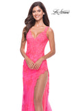 Picture of: Lace Long Dress with High Side Slit and V Neckline in Neon Pink, Style: 31125, Detail Picture 6