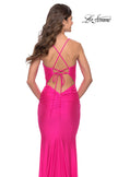 Picture of: Rhinestone Ruched Jersey Prom Dress with Lace Up Back in Bright Colors in Neon Pink, Style: 31237, Detail Picture 6