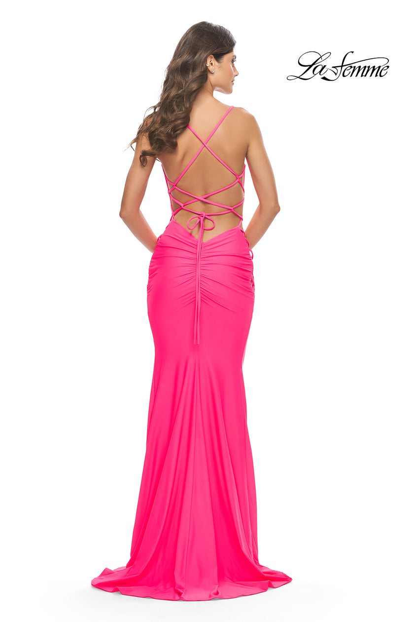 Picture of: Unique Jersey Dress with Open Criss Cross Sides in Neon in Neon Pink, Style: 31438, Detail Picture 6