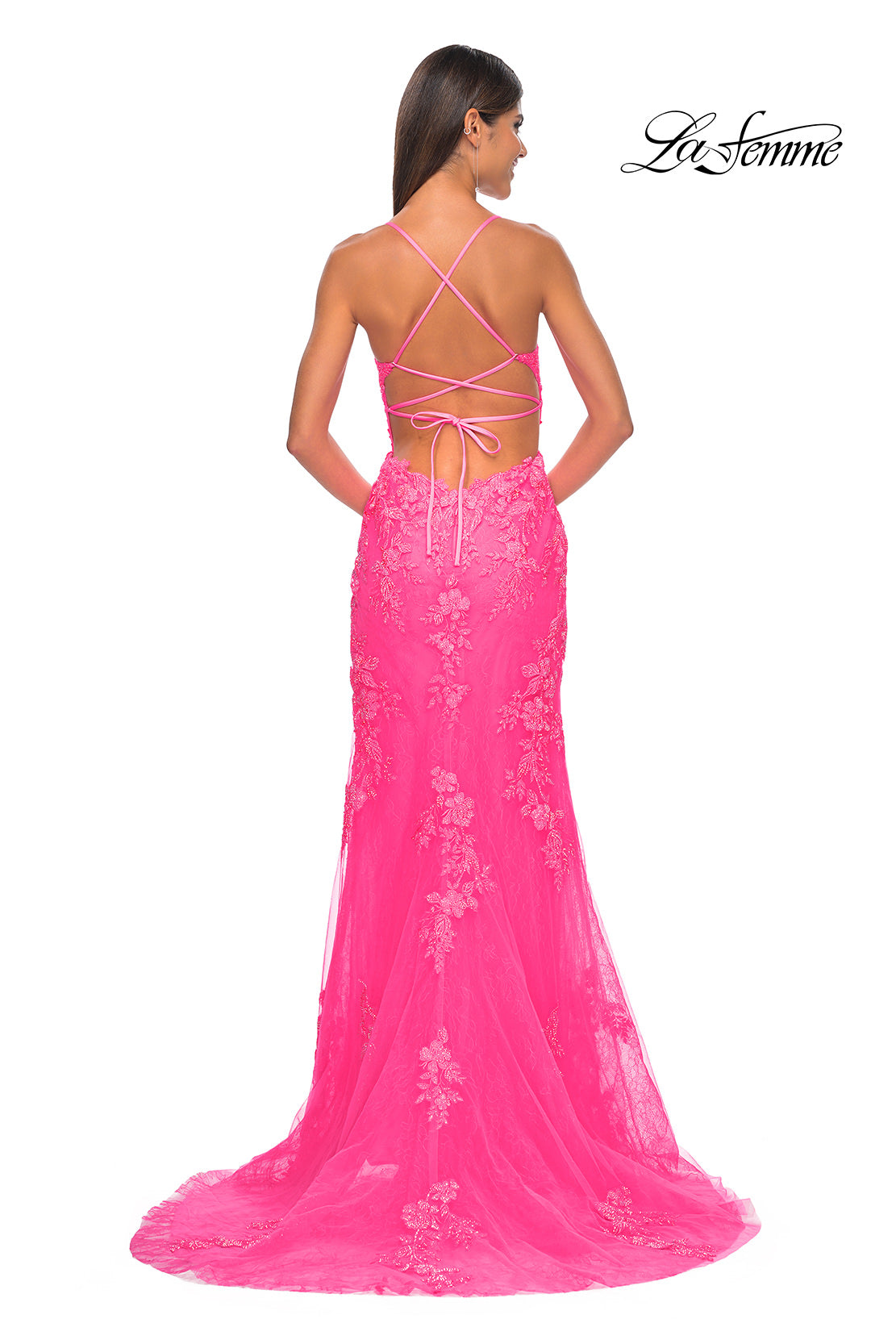 Picture of: Lace Fitted Dress with Deep V Neckline and Lace Applique in Neon Pink, Style: 32205, Detail Picture 6