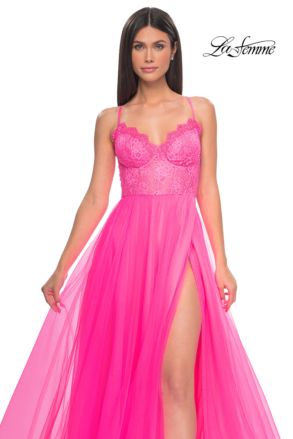 Picture of: Tulle Dress with Full Skirt and Sheer Lace Bodice in Neon Pink, Style: 32306, Detail Picture 6