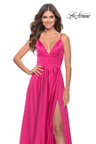 Picture of: A-Line Satin Gown with Ruched Bodice and V Neck in Neon in Neon Pink, Style: 31121, Detail Picture 7