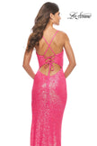 Picture of: Stretch Sequin Dress with High Side Slit and V Neck in Neon Pink, Style: 31298, Detail Picture 7