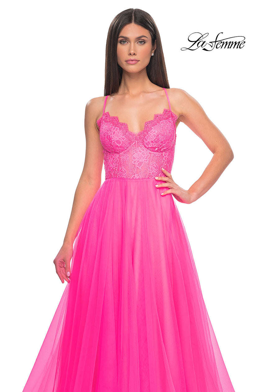 Picture of: Tulle Dress with Full Skirt and Sheer Lace Bodice in Neon Pink, Style: 32306, Detail Picture 7