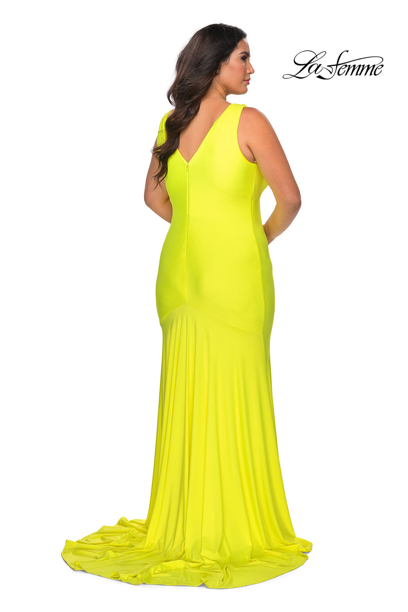 Picture of: Neon Plus Size Jersey Dress with Faux Wrap Bodice in Neon Yellow, Style: 29016, Detail Picture 6