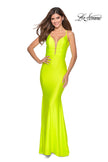 Picture of: Triple Knotted Jersey Prom Dress with Tie Up Back in Neon Yellow, Style: 28905, Detail Picture 2
