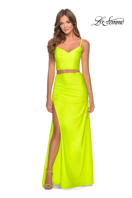 Picture of: Two Piece Long Prom Dress with Ruched Detailing in Neon Yellow, Style: 28472, Detail Picture 4
