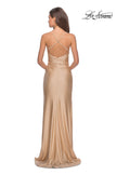 Picture of: Long Homecoming Dress with Slit and Criss Cross Back in Nude, Style: 28206, Detail Picture 2