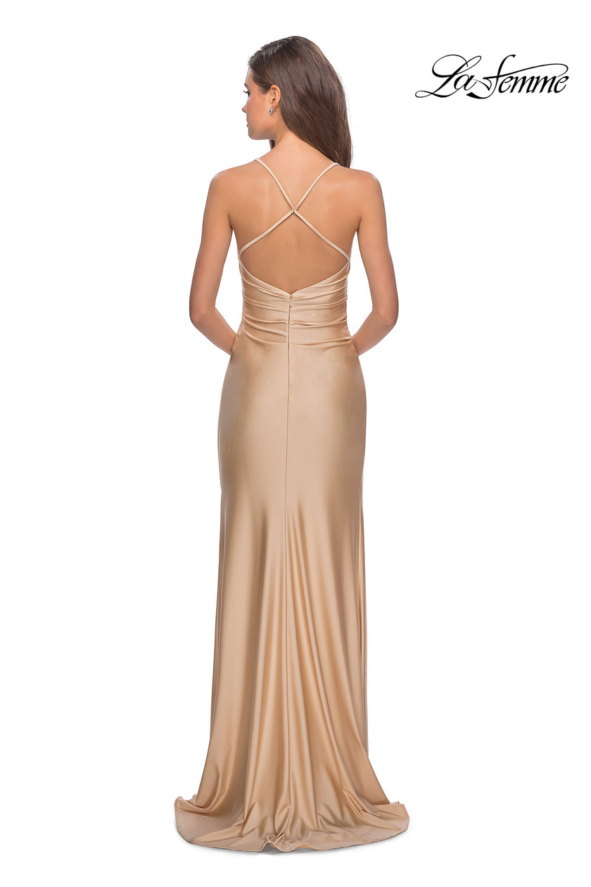 Picture of: Long Homecoming Dress with Slit and Criss Cross Back in Nude, Style: 28206, Detail Picture 2