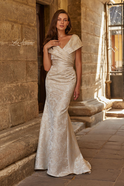 Picture of: Jacquard Off-Shoulder Gown with Folded Collar in Nude, Style: 33428, Main Picture