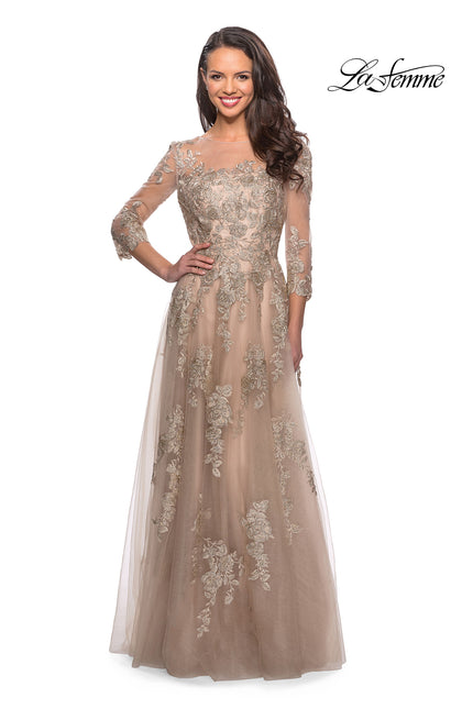 Picture of: Long Lace Dress with Sheer Three Quarter Sleeves in Nude, Style: 27733, Main Picture