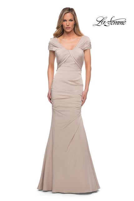 Picture of: Lovely Ruched Mermaid Satin Gown with Unique Neckline in Nude, Main Picture