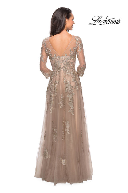 Picture of: Long Lace Dress with Sheer Three Quarter Sleeves in Nude, Style: 27733, Back Picture