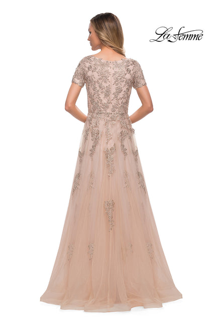 Picture of: A Line Tulle and Lace Gown with Short Sleeves in Nude, Back Picture