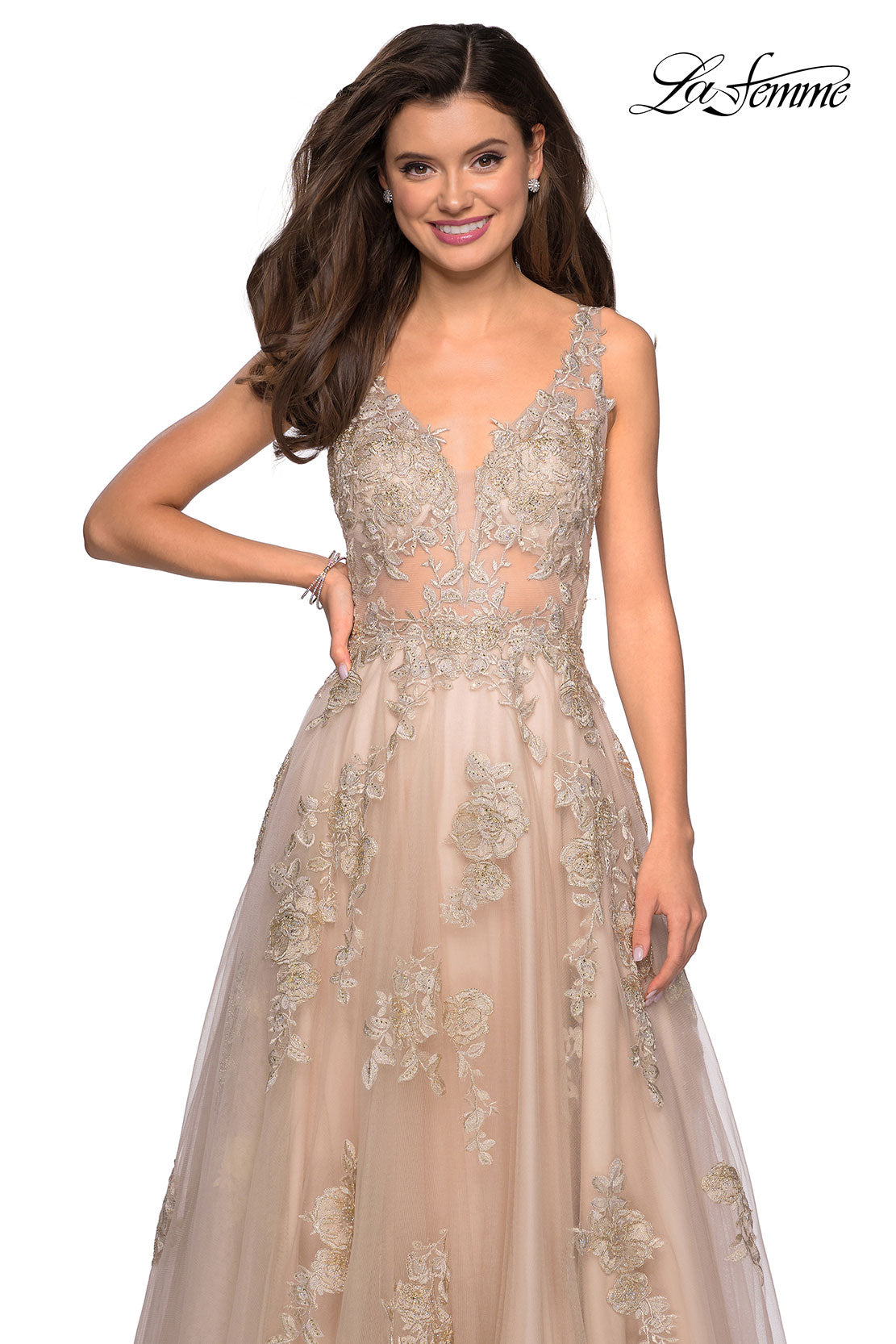 Picture of: Sheer Bodice Prom Dress with Floral Embellishments in Nude, Style: 27647, Main Picture