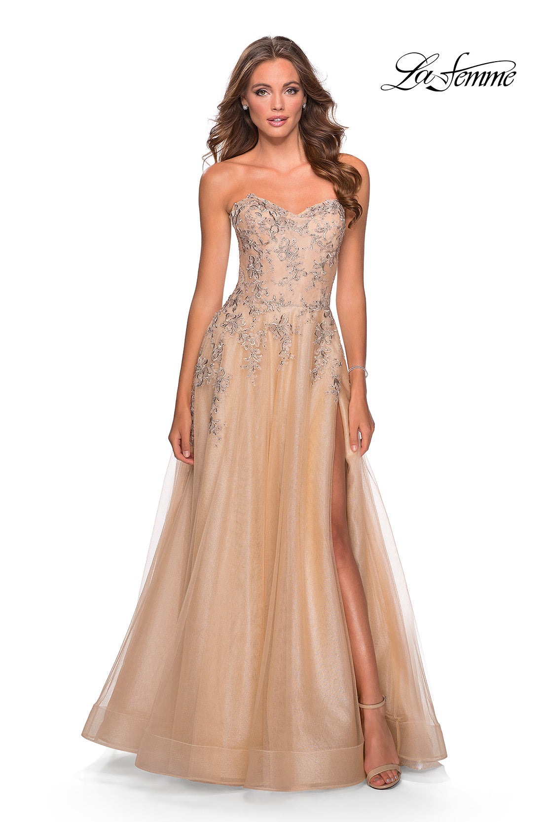 Picture of: Strapless Tulle Dress with Cascading Floral Detail in Nude, Style: 28599, Main Picture