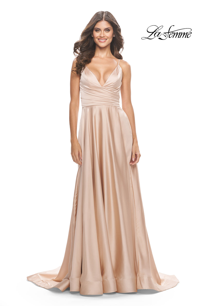 Picture of: A-Line Satin Gown with Ruched Bodice and V Neck in Nude, Style: 31505, Detail Picture 13