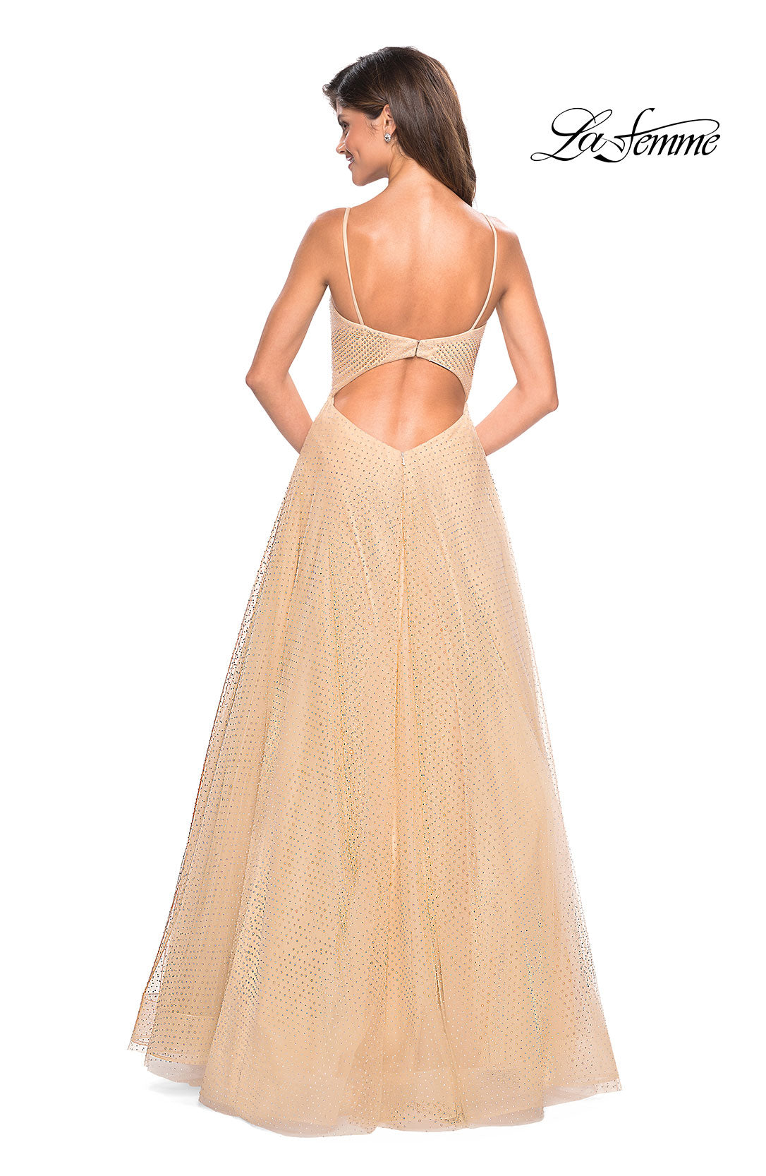 Picture of: Rhinestone A-Line Tulle Prom Dress in Nude, Style: 27608, Back Picture