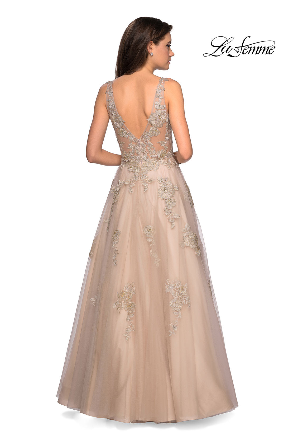 Picture of: Sheer Bodice Prom Dress with Floral Embellishments in Nude, Style: 27647, Back Picture