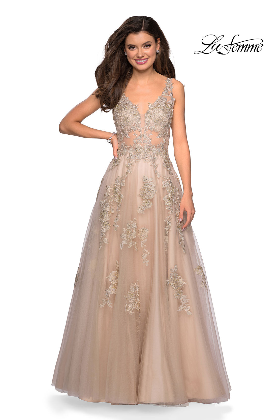 Picture of: Sheer Bodice Prom Dress with Floral Embellishments in Nude, Style: 27647, Detail Picture 1