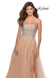 Picture of: Long Tulle Ball Gown with Beaded Bodice and Slit in Nude, Style: 28530, Detail Picture 2