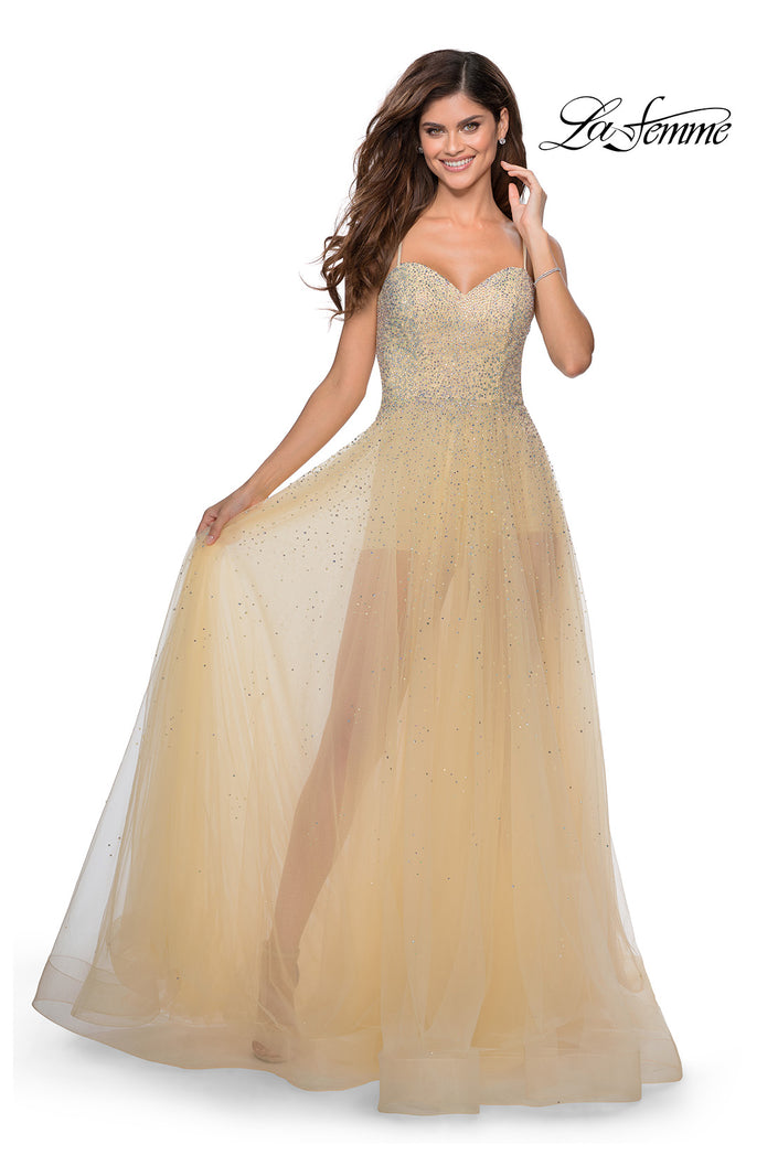 Picture of: Strapless Beaded Net Prom Dress with Sheer Bodice in Nude, Style: 28902, Detail Picture 2