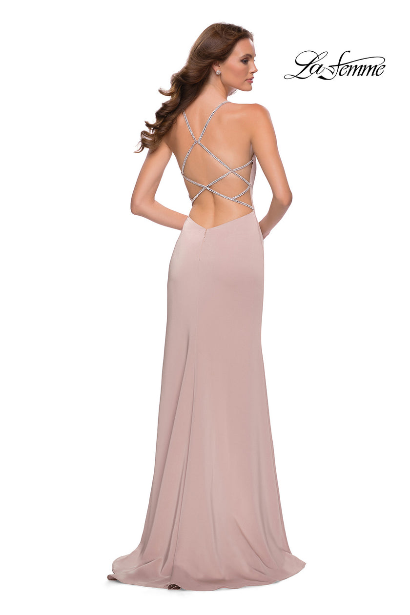 Picture of: Jersey Dress with Beaded Rhinestone Straps in Nude, Style 29720, Detail Picture 2