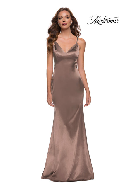 Picture of: Chic Long Stretch Satin Gown with V Neck and Back in Nude, Style 29960, Detail Picture 3