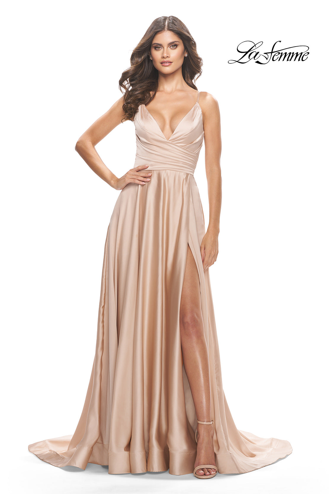 Picture of: A-Line Satin Gown with Ruched Bodice and V Neck in Nude, Style: 31505, Detail Picture 3