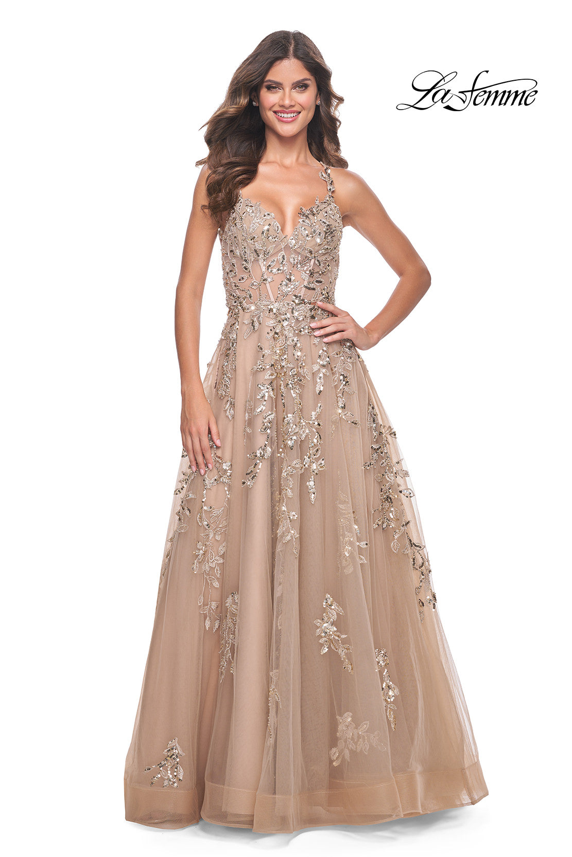 Picture of: Gorgeous Sequin Beaded Floral A-Line Tulle Dress in Nude, Style: 32052, Detail Picture 3