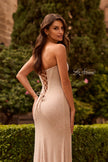 Picture of: Strapless Rhinestone Gown with Side Slit and Lace-Up Back in Nude, Style: 33879, Detail Picture 3