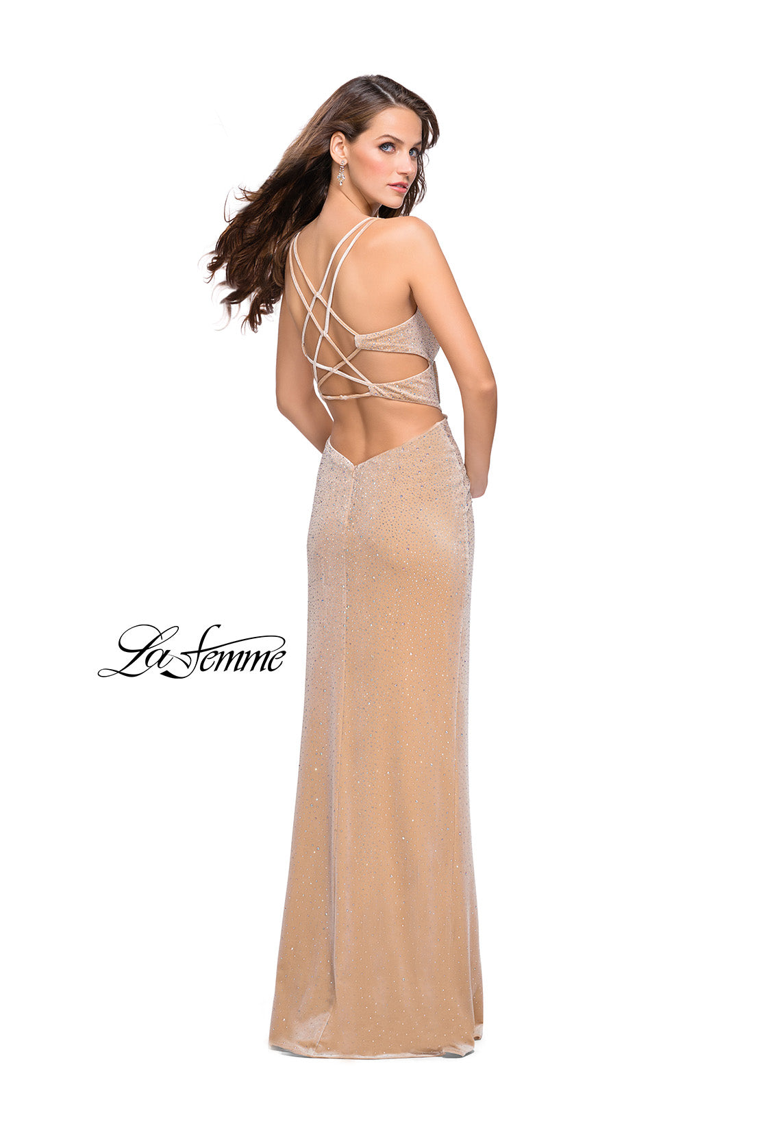 Picture of: Velvet Prom Dress Covered in Rhinestones with Side Cut Outs in Nude, Style: 25266, Detail Picture 4