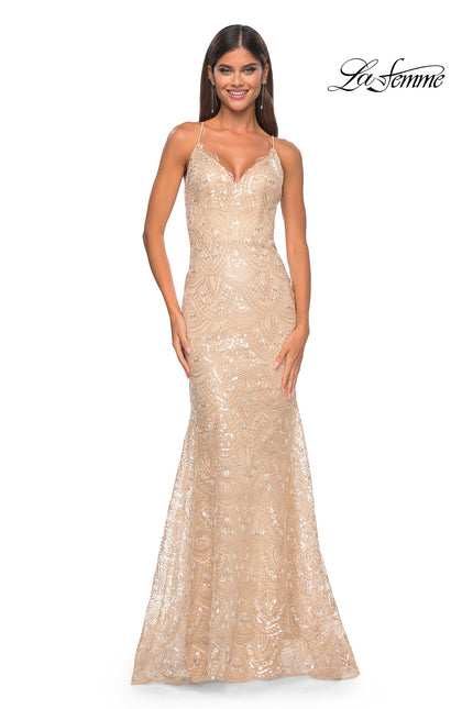 Picture of: Print Sequin Mermaid Dress with Lace Up Back in Nude, Style: 31865, Detail Picture 6