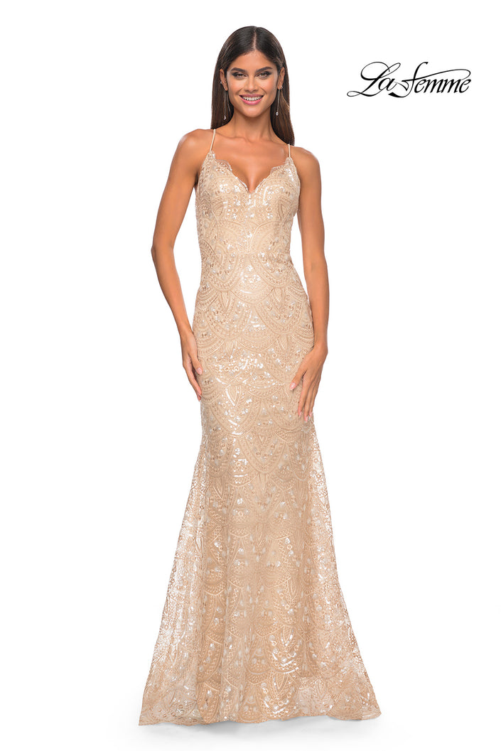 Picture of: Print Sequin Mermaid Dress with Lace Up Back in Nude, Style: 31865, Detail Picture 6