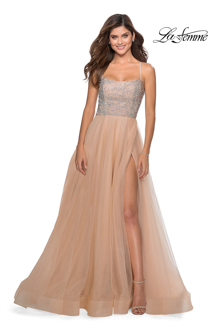 Picture of: Long Tulle Ball Gown with Beaded Bodice and Slit in Nude, Style: 28530, Detail Picture 7