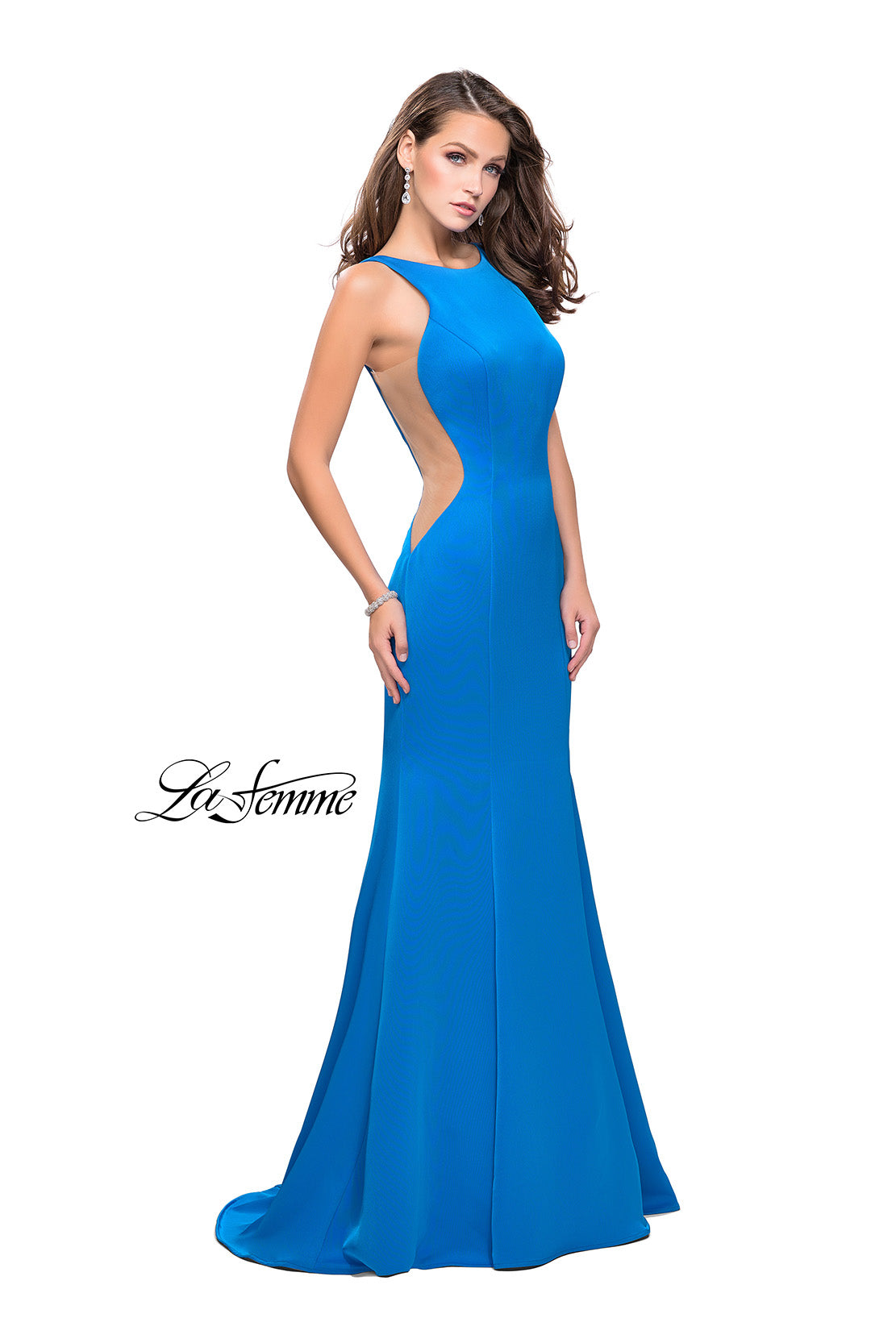 Picture of: Satin Mermaid Prom Gown with Mesh and Scoop Back in Ocean Blue, Style: 26076, Main Picture