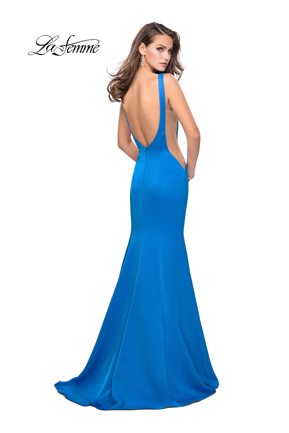 Picture of: Satin Mermaid Prom Gown with Mesh and Scoop Back in Ocean Blue, Style: 26076, Back Picture