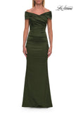 Picture of: Off-the-Shoulder Ruched Satin Evening Gown in Olive, Style: 33620, Main Picture