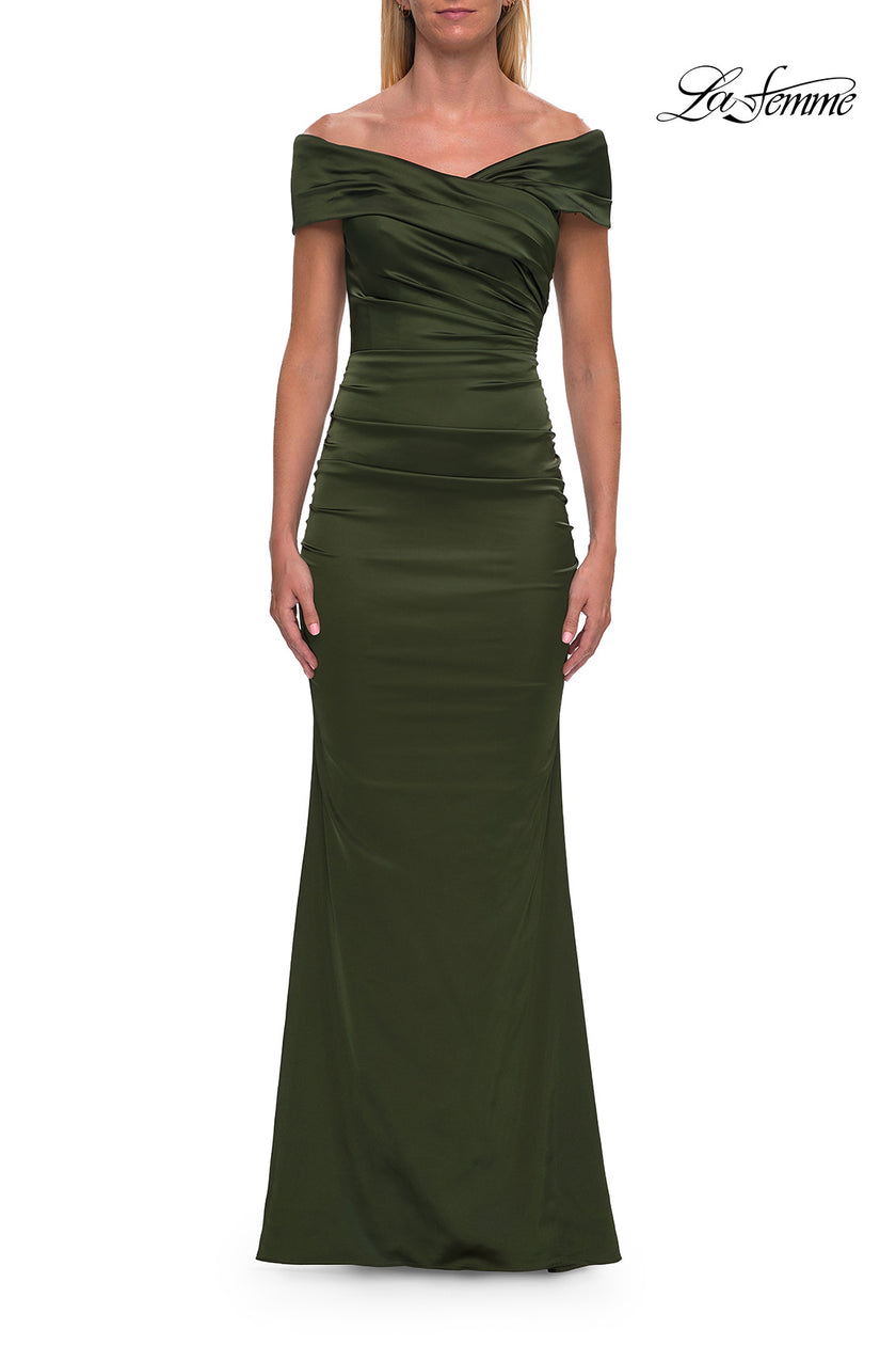 Picture of: Off-the-Shoulder Ruched Satin Evening Gown in Olive, Style: 33620, Main Picture