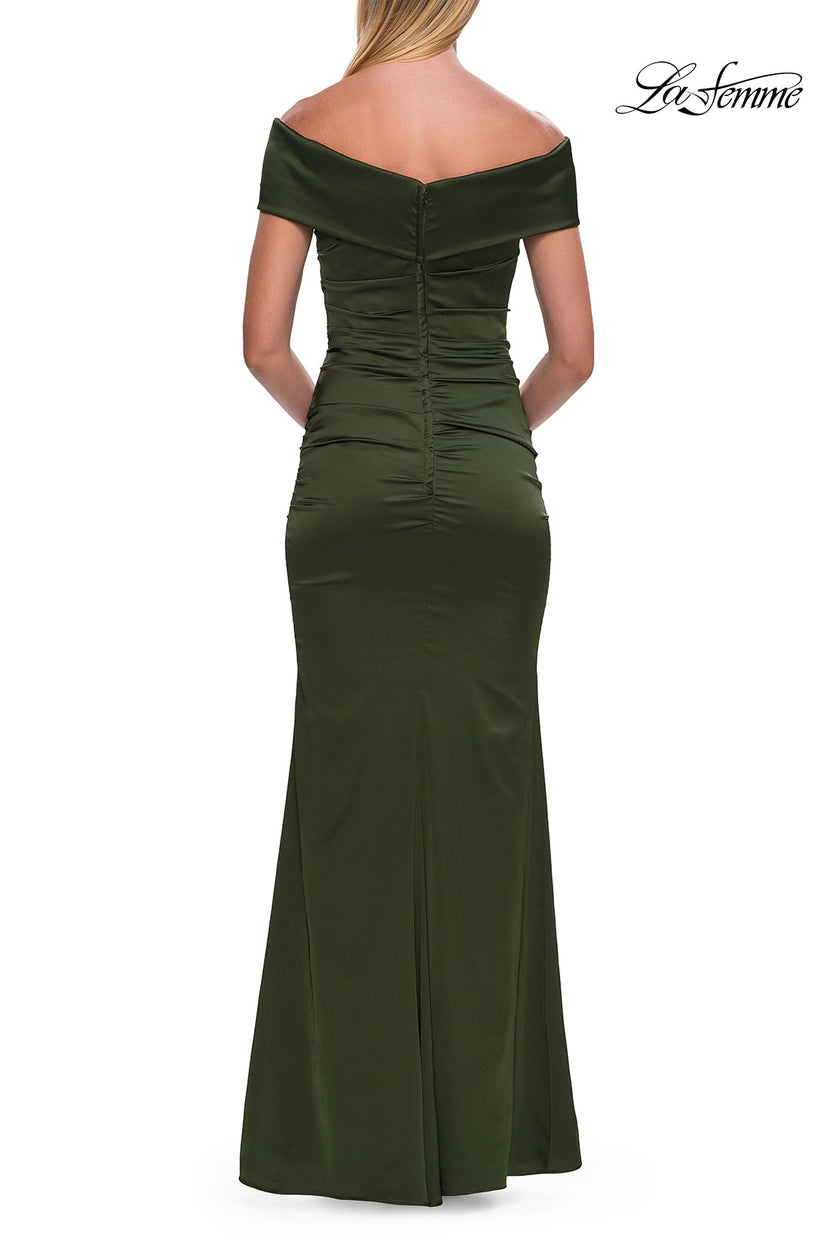 Picture of: Off-the-Shoulder Ruched Satin Evening Gown in Olive, Style: 33620, Back Picture